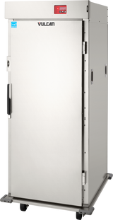 A tall, stainless steel Vulcan institutional series warming cabinet with an insulated door, side handles, digital temperature display, and top control panel. This transport cabinet stands on four caster wheels for mobility and has a clean, industrial look.