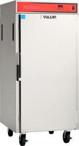 A large stainless steel Vulcan VBP13ES mobile food warmer on four black wheels, with a red control panel at the top, a single door with a left-side handle, and a blue sticker on the upper left corner of the front.