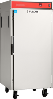 A large stainless steel Vulcan VBP13ES mobile food warmer on four black wheels, with a red control panel at the top, a single door with a left-side handle, and a blue sticker on the upper left corner of the front.