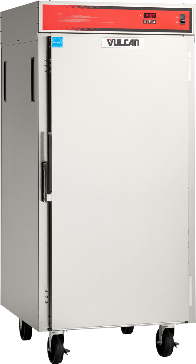A large stainless steel Vulcan VBP13ES mobile food warmer on four black wheels, with a red control panel at the top, a single door with a left-side handle, and a blue sticker on the upper left corner of the front.