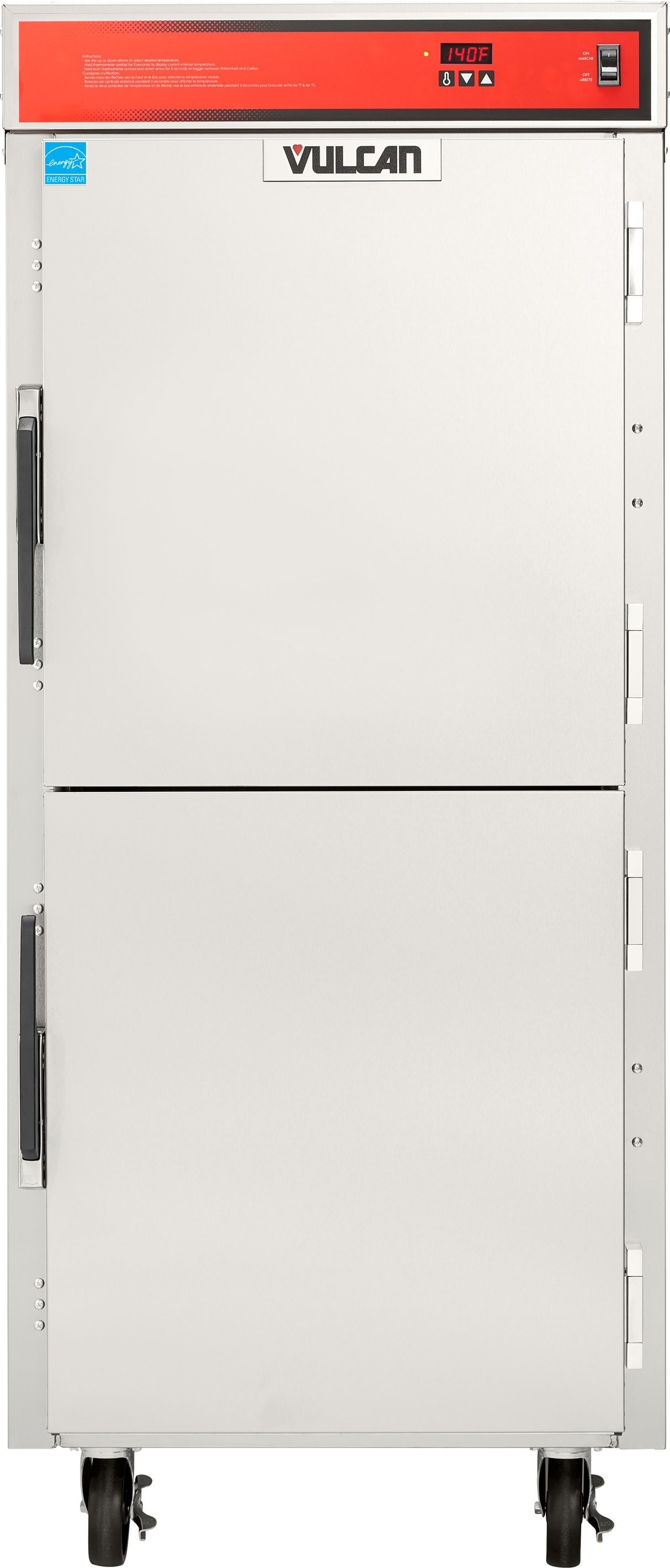 A commercial Vulcan brand mobile food warmer with black handles and caster wheels; the stainless steel double-door unit features a control panel with a digital display, labeled buttons, and a blue manufacturer label on the upper left corner.