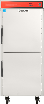 A commercial Vulcan brand mobile food warmer with black handles and caster wheels; the stainless steel double-door unit features a control panel with a digital display, labeled buttons, and a blue manufacturer label on the upper left corner.