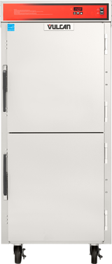 A commercial stainless steel Vulcan holding/transport cabinet with two doors, black handles, an orange control panel with digital display and buttons at the top, a blue sticker on the upper left, and four wheels at the base for mobility.