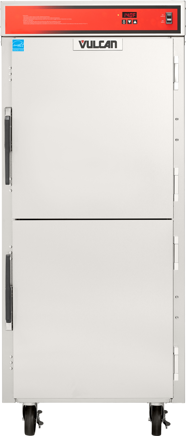 A commercial stainless steel Vulcan holding/transport cabinet with two doors, black handles, an orange control panel with digital display and buttons at the top, a blue sticker on the upper left, and four wheels at the base for mobility.