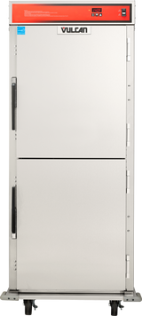 A stainless steel mobile food cabinet on wheels, with two vertically stacked doors, black handles, a control panel at the top with a red strip, and the brand name Vulcan centered on the upper door.