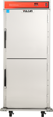 A stainless steel mobile food cabinet on wheels, with two vertically stacked doors, black handles, a control panel at the top with a red strip, and the brand name Vulcan centered on the upper door.