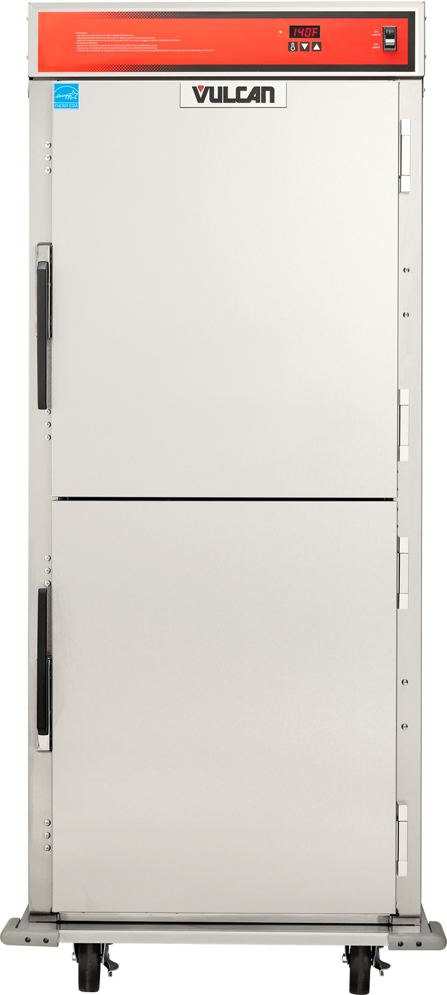A stainless steel mobile food cabinet on wheels, with two vertically stacked doors, black handles, a control panel at the top with a red strip, and the brand name Vulcan centered on the upper door.