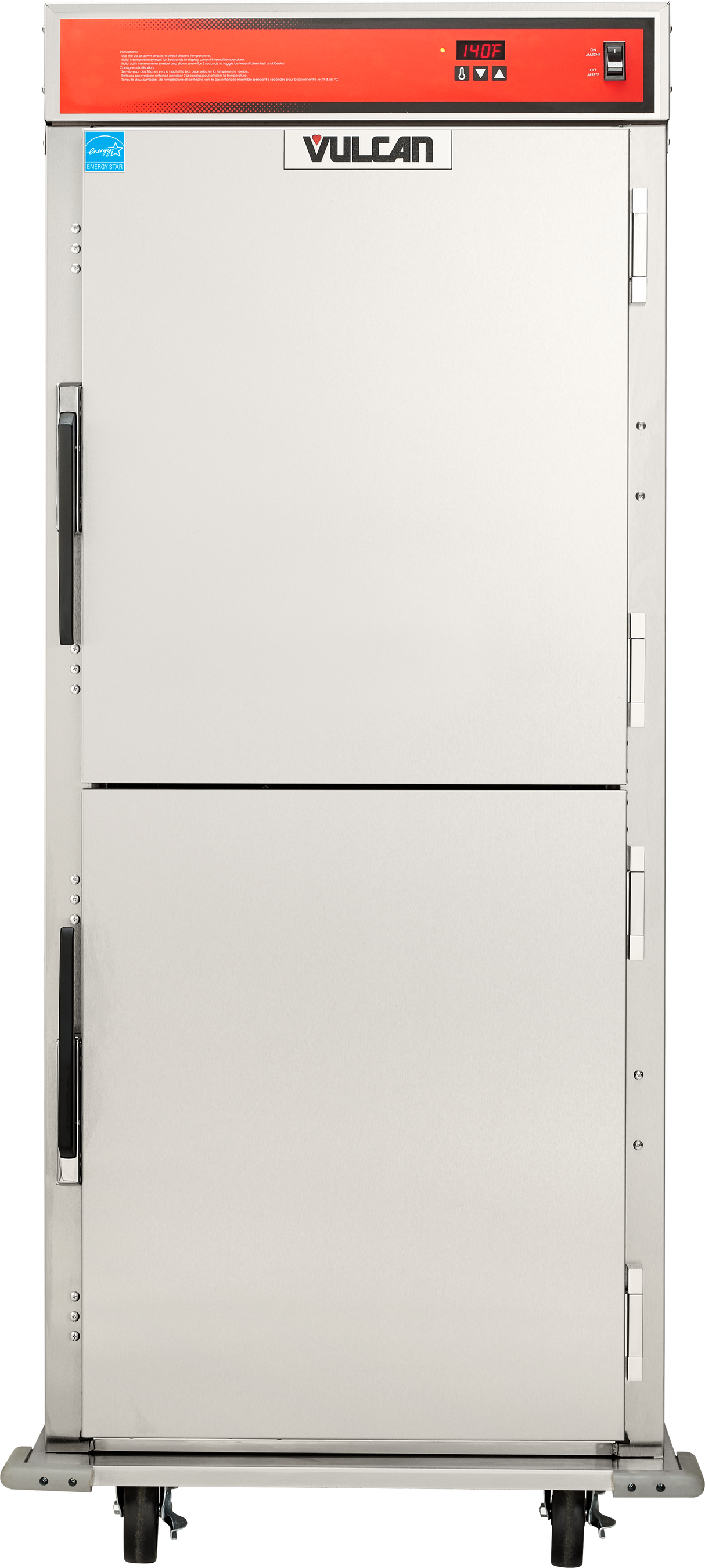 A commercial stainless steel pan cabinet with two doors, black handles, and an orange “Vulcan” control panel. This mobile food warmer stands on four black wheels, offering both convenience and durability for holding and transporting meals.