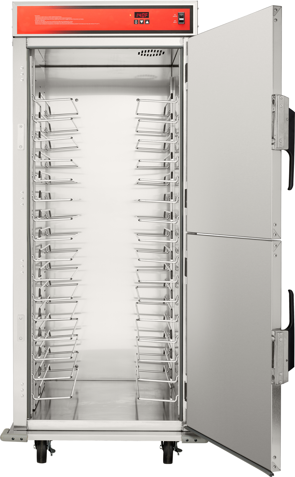 A large, industrial stainless steel pan cabinet with an open door reveals multiple horizontal rack slots for trays or pans. The red upper control panel and wheels make this mobile food warmer ideal for holding and transporting food. The interior is empty.
