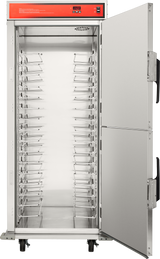 A commercial stainless steel holding transport cabinet with an open door. The cabinet features multiple empty wire rack slots, black handles, and wheels for mobility. The red control panel at the top includes a digital display and buttons.
