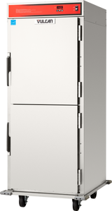 A commercial stainless steel Vulcan holding transport cabinet with two doors, black handles, red control panel at the top, and four caster wheels for mobility. This upright, rectangular unit is designed for keeping food warm in busy kitchens.