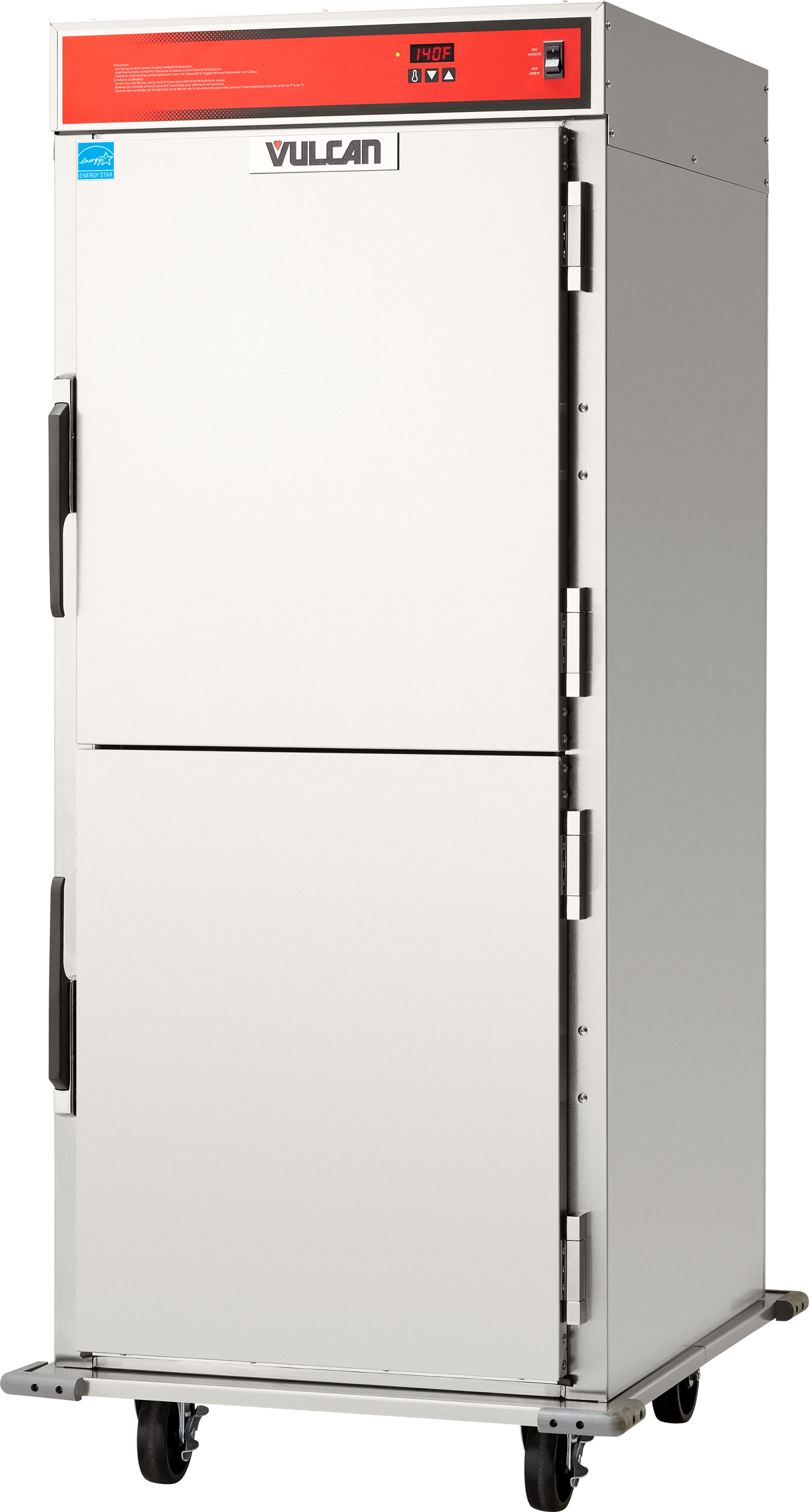 A large, stainless steel mobile food warmer with two doors, black handles, and a red Vulcan control panel on top, stands on four caster wheels for easy transport—ideal as a holding transport cabinet in commercial kitchens.