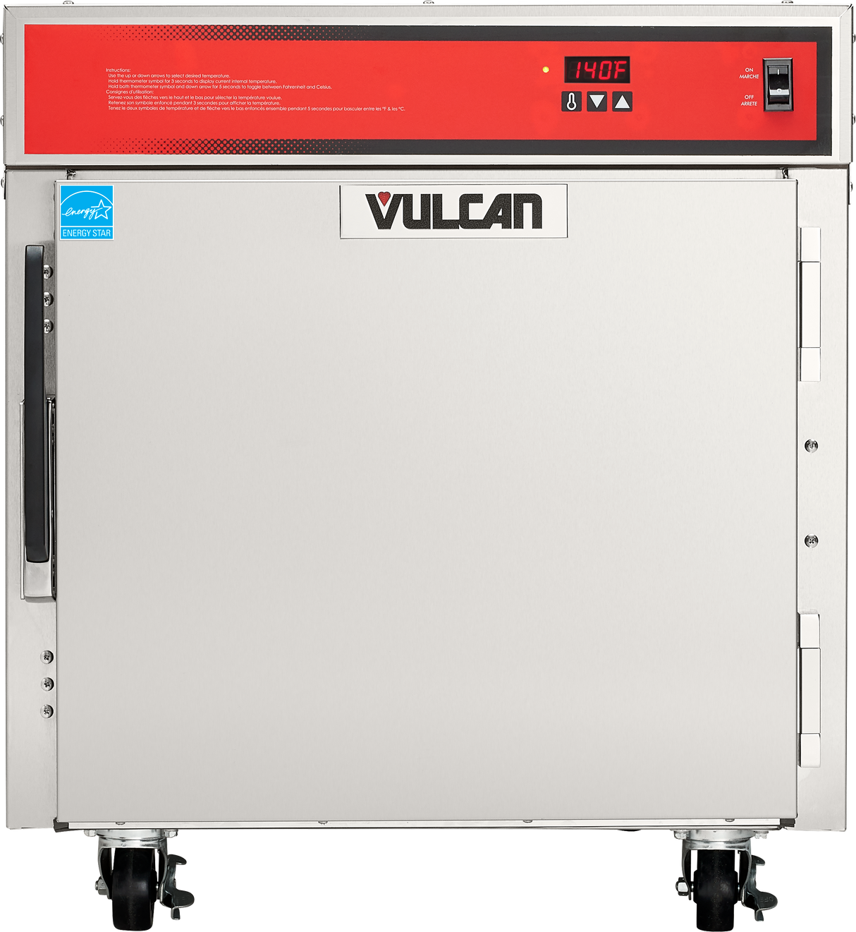 A stainless steel Vulcan Holding/Transport Cabinet with a red control panel displaying 140°F, several buttons, a left-side door handle, certification label, and four caster wheels for mobility—an ideal mobile undercounter cabinet for busy kitchens.