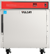 A stainless steel Vulcan Holding/Transport Cabinet with a red control panel displaying 140°F, several buttons, a left-side door handle, certification label, and four caster wheels for mobility—an ideal mobile undercounter cabinet for busy kitchens.