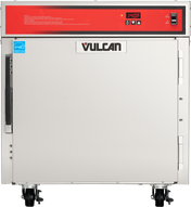 A stainless steel Vulcan Holding/Transport Cabinet with a red control panel displaying 140°F, several buttons, a left-side door handle, certification label, and four caster wheels for mobility—an ideal mobile undercounter cabinet for busy kitchens.