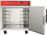 A stainless steel Holding/Transport Cabinet on wheels features an open door revealing multiple metal shelves for trays. The control panel at the top displays 140°F, complete with digital controls and indicator lights.