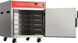A large stainless steel Holding/Transport Cabinet on wheels features a red digital control panel, an open door, and multiple rack slots for trays. The digital display reads “140°F.” This mobile undercounter cabinet sits against a white background.