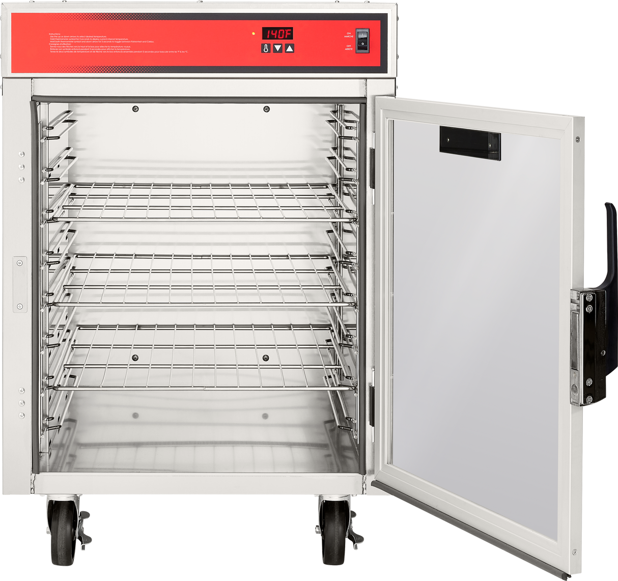 A mobile stainless steel Holding/Transport Cabinet with four wire shelves, a digital temperature display at 140°F, control buttons on the red top panel, and a partially open glass door. The unit is on wheels for easy mobility.