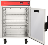A mobile stainless steel Holding/Transport Cabinet with four wire shelves, a digital temperature display at 140°F, control buttons on the red top panel, and a partially open glass door. The unit is on wheels for easy mobility.