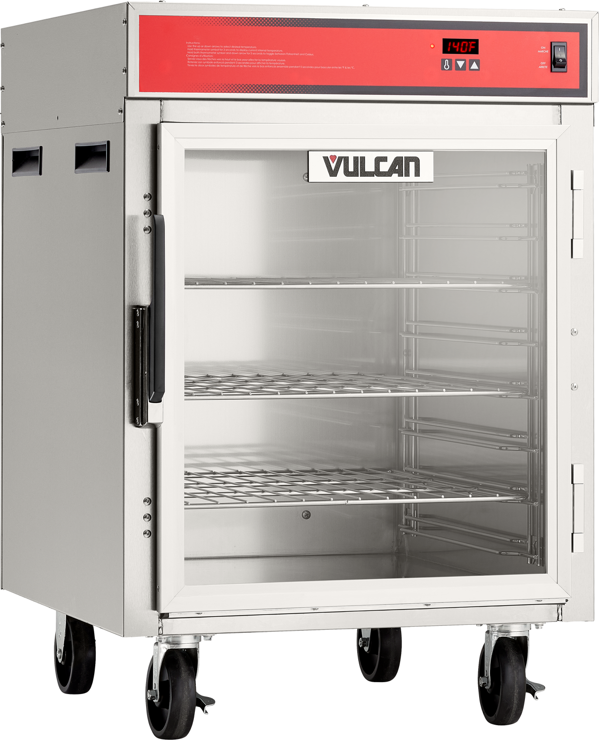 A mobile stainless steel Holding/Transport Cabinet on wheels with a red control panel, digital display, and the door open to reveal three metal wire shelves. The Vulcan brand label is visible inside the cabinet.