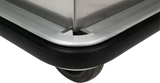 Close-up of a stainless steel cabinet cart corner, featuring a rounded metal edge, a thick black rubber bumper for protection, and a single sturdy wheel beneath the corner, against a white background.