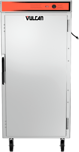 A Vulcan VPT13 commercial stainless steel holding transport cabinet with a solid door, black handle, red control panel on top, and four caster wheels for mobility. The Vulcan logo is displayed on the door.