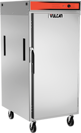 A Vulcan VPT13 stainless steel holding transport cabinet on four wheels, with a single door featuring a black handle. The red top panel has control knobs, and the brand name Vulcan is displayed above the door.