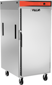 A Vulcan VPT13 stainless steel holding transport cabinet on four wheels, with a single door featuring a black handle. The red top panel has control knobs, and the brand name Vulcan is displayed above the door.
