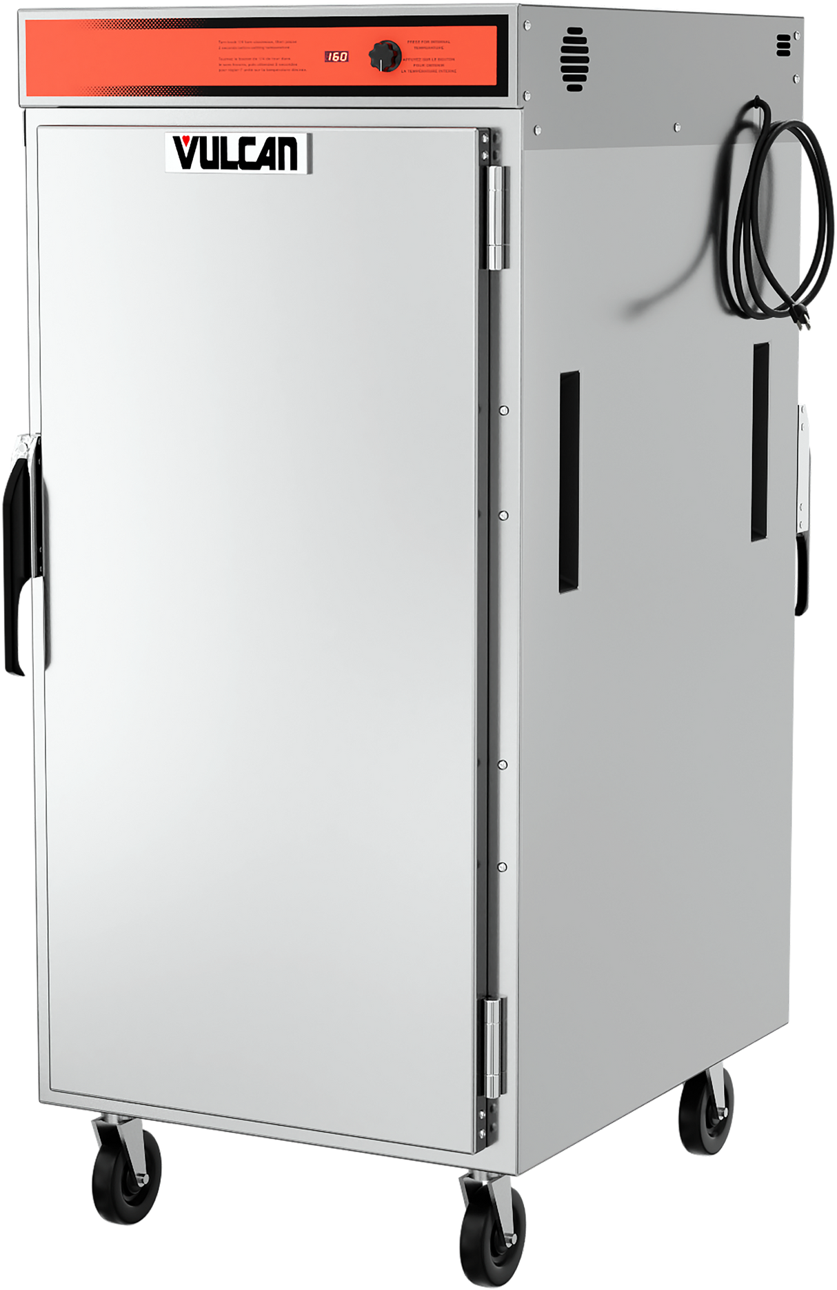 A stainless steel mobile pass-thru cabinet food warmer with a single door, black side handles, red Vulcan control panel, universal tray slides, ventilation slots, power cord, and four black caster wheels for mobility against a plain white background.