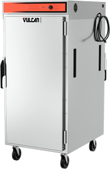 A stainless steel mobile pass-thru cabinet food warmer with a single door, black side handles, red Vulcan control panel, universal tray slides, ventilation slots, power cord, and four black caster wheels for mobility against a plain white background.