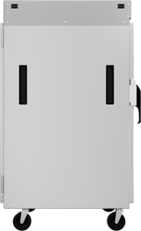 A large, silver mobile pass-thru cabinet on four black caster wheels. The cabinet features two black rectangular handles on its front and a side handle. Top corners have ventilation holes, and its closed side panel faces forward.