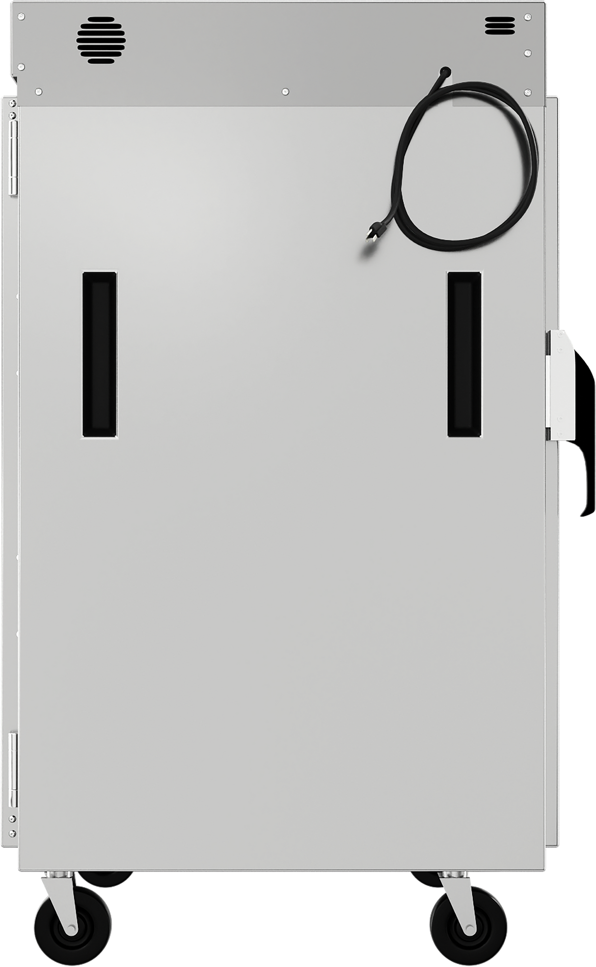 A gray metal holding transport cabinet on four black wheels, viewed from the side. It features two vertical black handles, a coiled black power cord, ventilation slits on the top left, and universal tray slides inside for flexible storage.