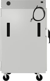 A gray metal holding transport cabinet on four black wheels, viewed from the side. It features two vertical black handles, a coiled black power cord, ventilation slits on the top left, and universal tray slides inside for flexible storage.