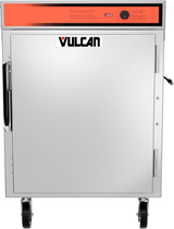 A commercial stainless steel pass-thru mobile cabinet on wheels. It features a black handle on the left, a red control panel with a dial and vents at the top, and "VULCAN" in large letters on the center of the doors.