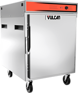 A Vulcan stainless steel holding transport cabinet with a single door, black handle, vent slots, caster wheels, and an orange control panel on top. This mobile cabinet is perfect for commercial kitchens needing reliable food warming.