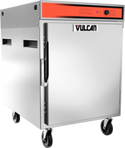 A commercial stainless steel food warmer with a single front door, black handle, orange control panel, temperature dial, vent slots on the sides, Vulcan logo on the door, and four caster wheels for mobility—perfect as a holding transport cabinet.