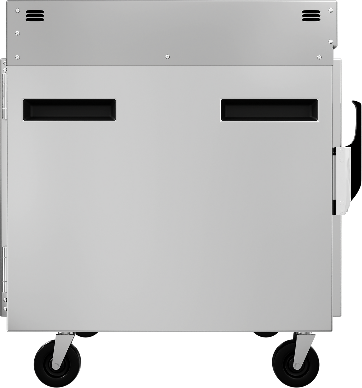 A large, metallic, rectangular pass-thru mobile cabinet on four black wheels. The cart has a plain front with two horizontal black openings, small vents at the top, and a black handle on the right side. It appears industrial and utilitarian.