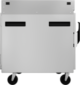 A large, metallic, rectangular pass-thru mobile cabinet on four black wheels. The cart has a plain front with two horizontal black openings, small vents at the top, and a black handle on the right side. It appears industrial and utilitarian.