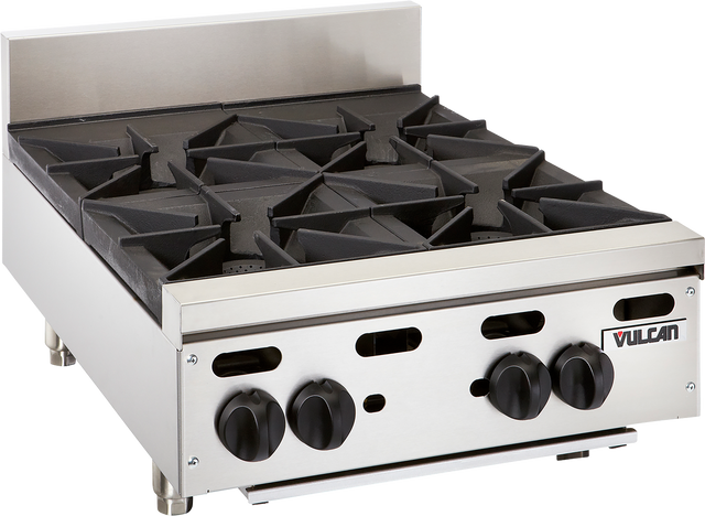 A commercial Vulcan countertop gas burner with four stainless steel burners, black cast iron grates, front control knobs, a small backsplash, and the “Vulcan” brand name displayed on the front right corner.