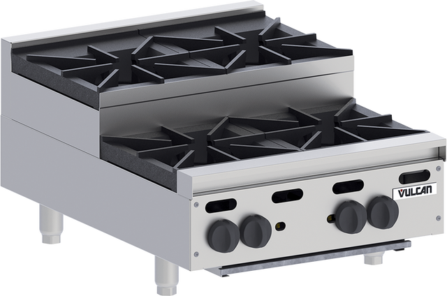 The Vulcan VHP424U Achiever Hotplate is a commercial stainless steel gas countertop hotplate with four black cast iron burners, four control knobs, and the Vulcan brand name on the front panel. The range stands on short legs and has a boxy, industrial look.