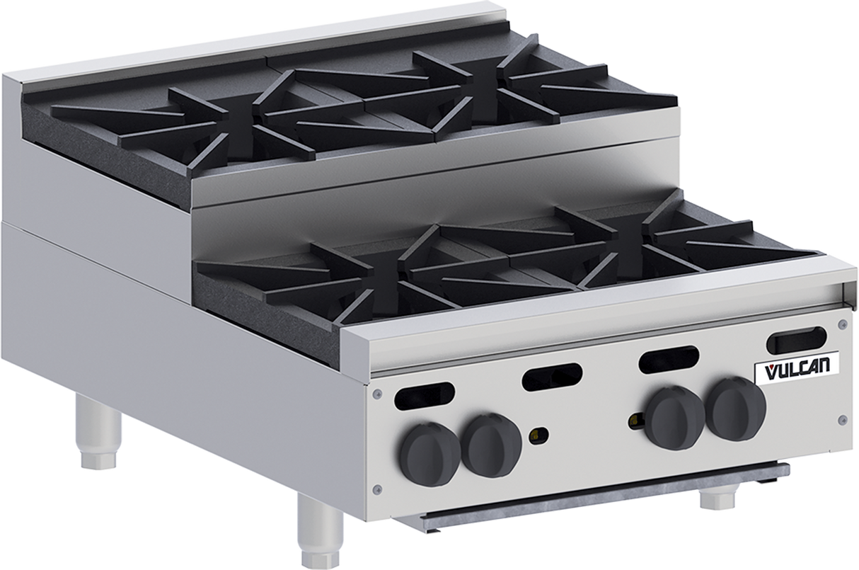 A commercial Vulcan VHP424U stainless steel countertop gas burner hotplate with four black cast iron burners, control knobs on the front panel, and sturdy metal legs. The Vulcan logo appears on the front right, emphasizing its industrial design.