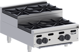 A commercial Vulcan VHP424U stainless steel countertop gas burner hotplate with four black cast iron burners, control knobs on the front panel, and sturdy metal legs. The Vulcan logo appears on the front right, emphasizing its industrial design.