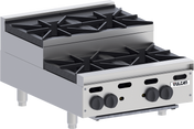 A commercial Vulcan VHP424U stainless steel countertop gas burner hotplate with four black cast iron burners, control knobs on the front panel, and sturdy metal legs. The Vulcan logo appears on the front right, emphasizing its industrial design.