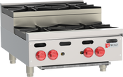 A commercial stainless steel gas range, the Wolf Achiever Hotplate features four black cast-iron burners, four red control knobs, and the Wolf logo on the front right panel. This heavy-duty gas countertop cooking appliance is elevated on short legs for durability.