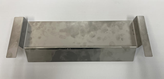 A rectangular stainless steel box, likely a beverage dispenser deflector for a 22 head by Icetro America, with tall side flanges extending outward. Its mottled, reflective surface shows subtle smudges and fingerprints on a light gray background.