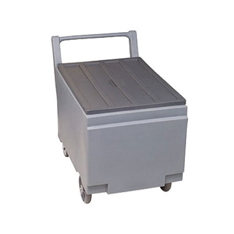 A large gray plastic utility bin with a flat lid, four wheels, and a handle at the back for pushing. This replacement poly cart features an angled front and sturdy build, ideal for bulk materials or use in an Ice Express Transport System.