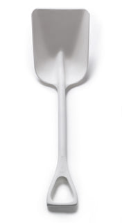 A Scotsman white plastic shovel with a wide, flat blade and D-shaped handle lies centered on a white background, photographed from above. The shovel is clean, simple in design, and pristine in appearance.
