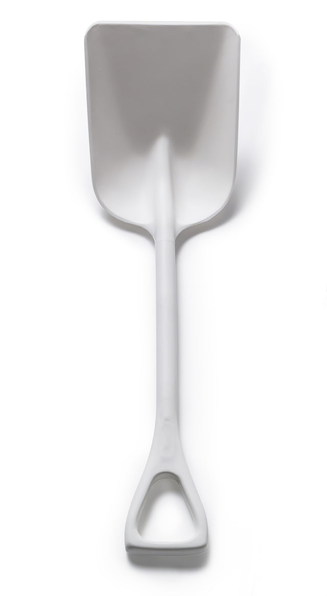 A Scotsman white plastic shovel with a wide, flat blade and D-shaped handle lies centered on a white background, photographed from above. The shovel is clean, simple in design, and pristine in appearance.