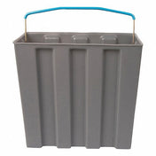 A rectangular gray plastic bucket, like those in an Ice Tote Set, features vertical ridges and a thin metal handle with a blue plastic grip, shown on a white background. Ideal for handling ice totes from brands such as Scotsman.