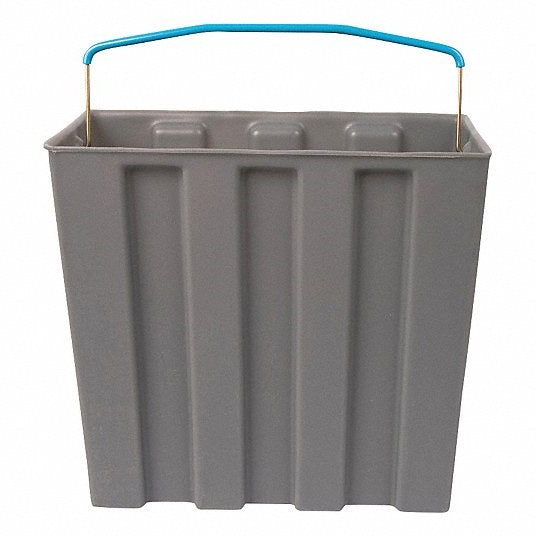 A rectangular gray plastic bucket, like those in an Ice Tote Set, features vertical ridges and a thin metal handle with a blue plastic grip, shown on a white background. Ideal for handling ice totes from brands such as Scotsman.